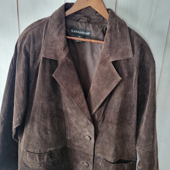 SAVANNAH Vintage Brown Leather Coat Jacket, Women’s 1XL, Mid Length Button, EUC - Picture 3 of 8